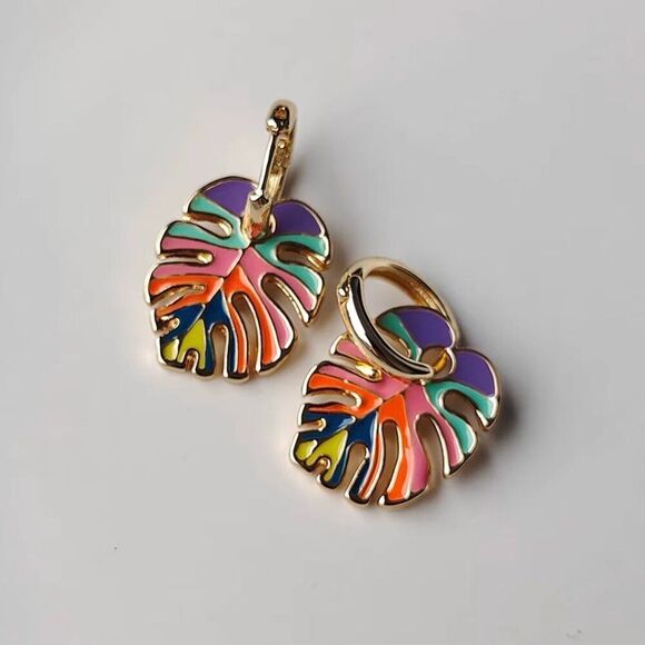 Bohemian Painted Monstera Plant Leaf Dangle Earrings - Picture 3 of 4